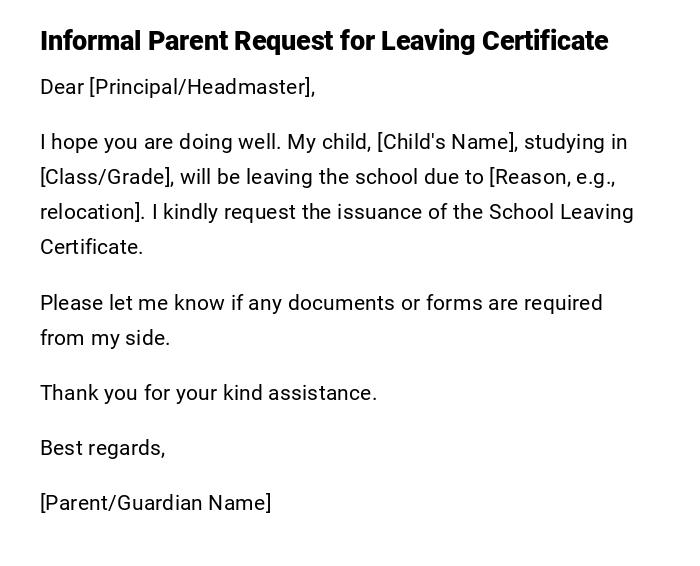 Informal Parent Request for Leaving Certificate