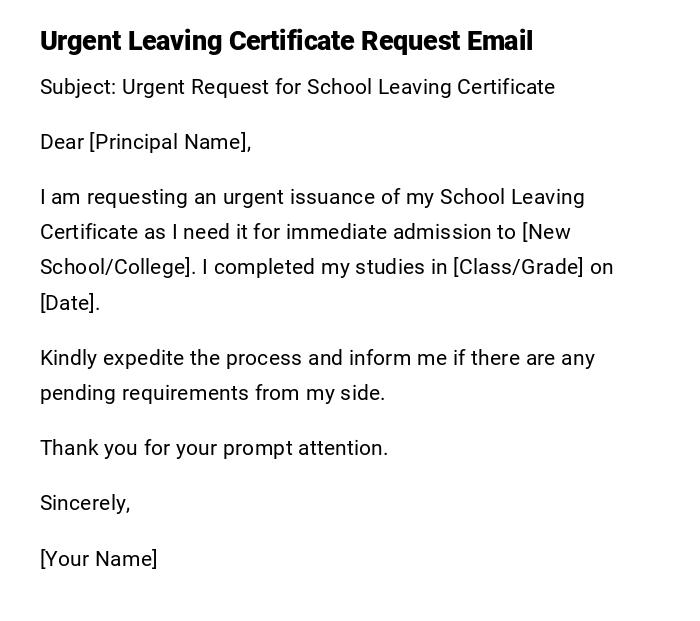 Urgent Leaving Certificate Request Email