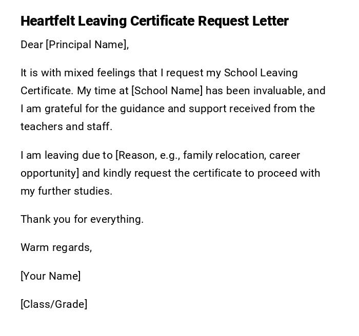 Heartfelt Leaving Certificate Request Letter