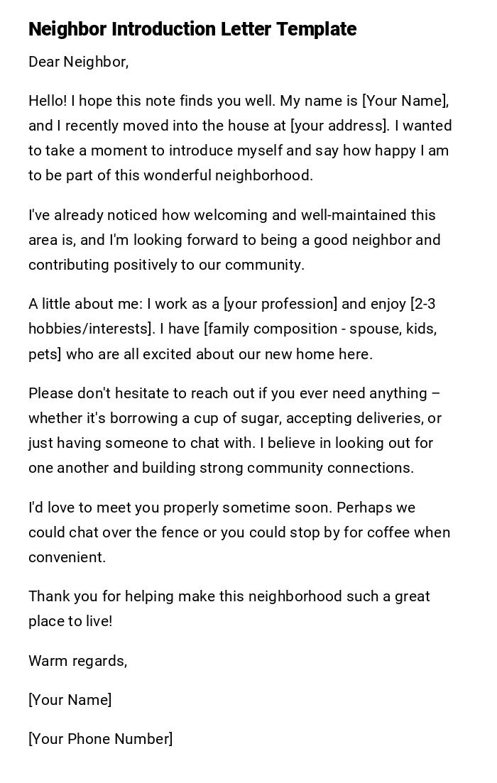 Neighbor Introduction Letter Template Neighbor Introduction Letter Template