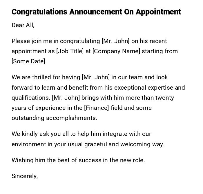Congratulations Announcement On Appointment Congratulations Announcement On Appointment