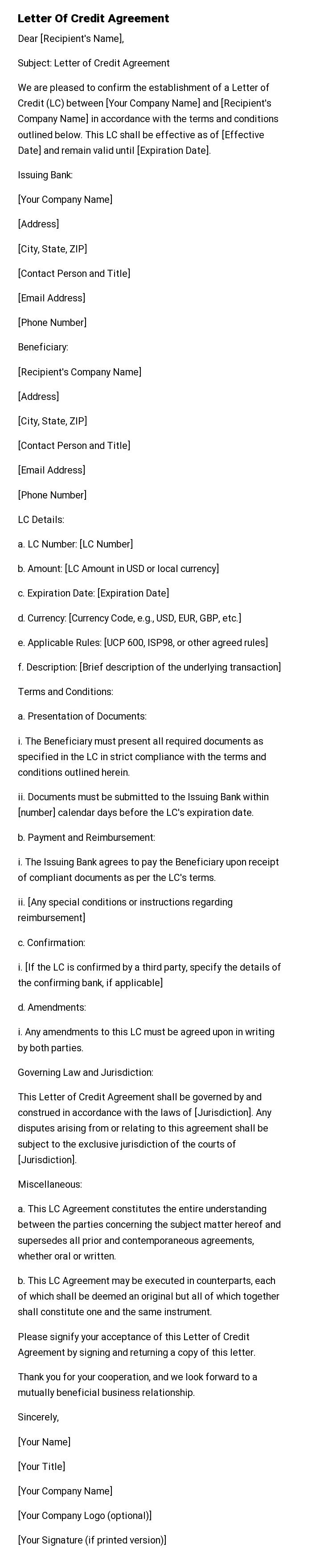 Letter Of Credit Agreement