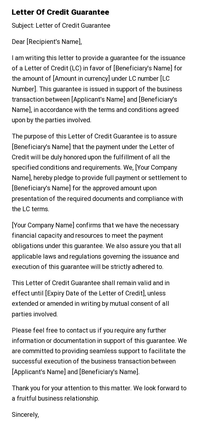 Letter Of Credit Guarantee