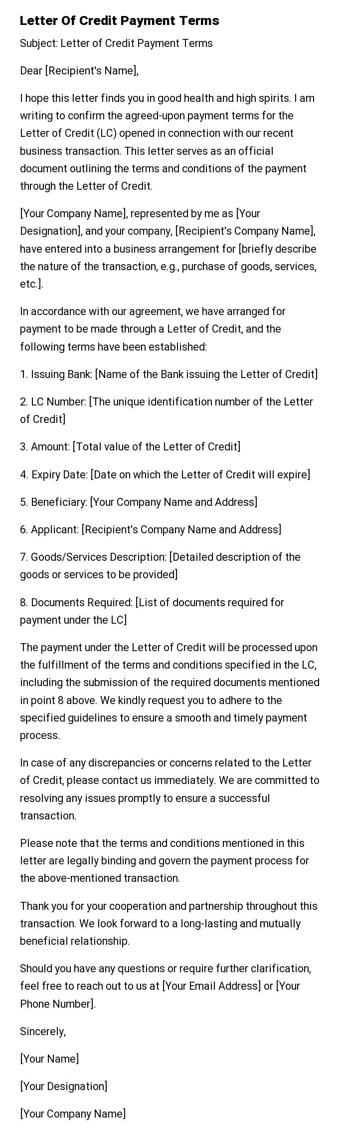Letter Of Credit Payment Terms