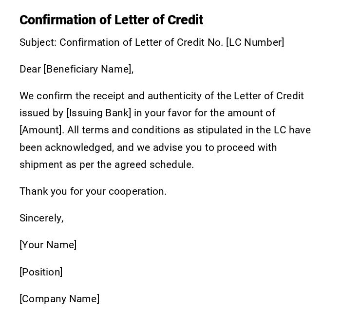 Confirmation of Letter of Credit Confirmation of Letter of Credit