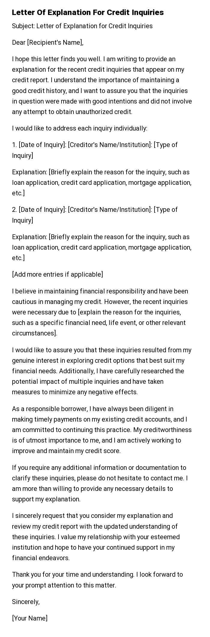 Letter Of Explanation For Credit Inquiries