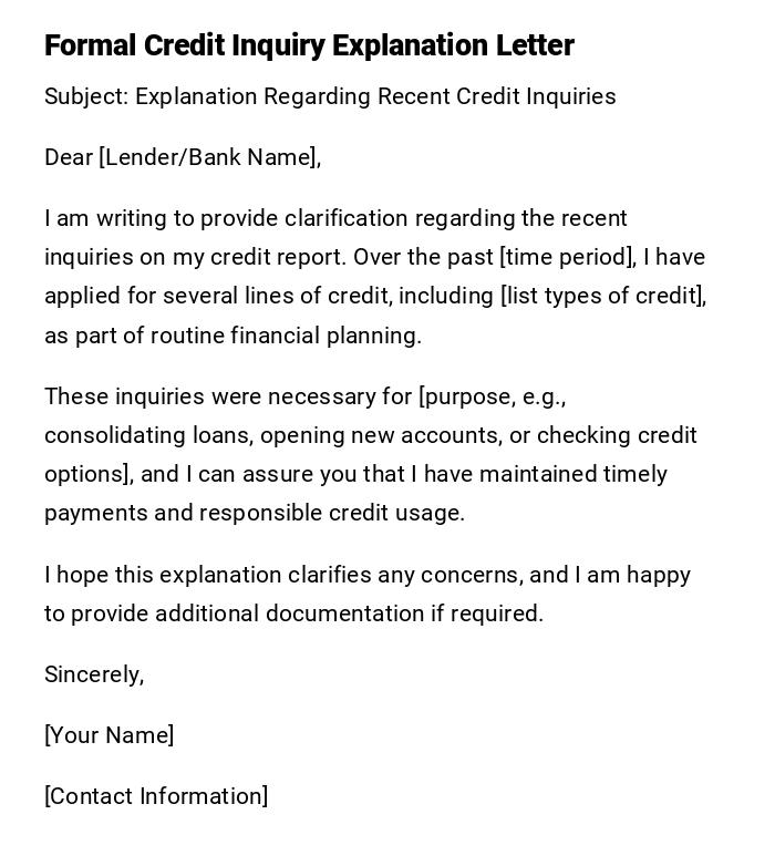 Formal Credit Inquiry Explanation Letter Formal Credit Inquiry Explanation Letter