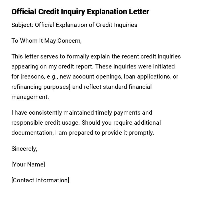 Official Credit Inquiry Explanation Letter Official Credit Inquiry Explanation Letter