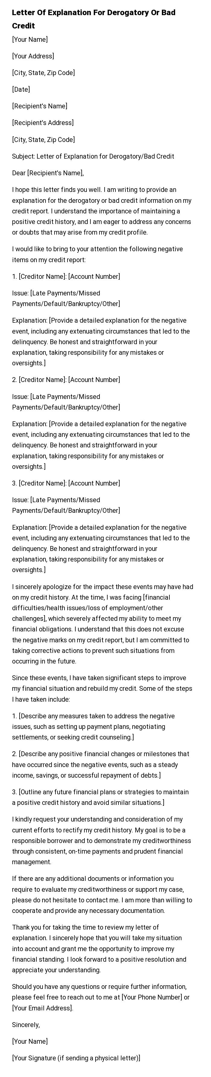 Letter Of Explanation For Derogatory Or Bad Credit