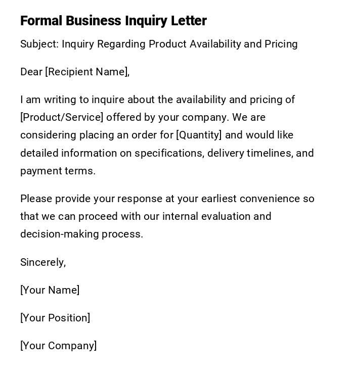 Formal Business Inquiry Letter Formal Business Inquiry Letter