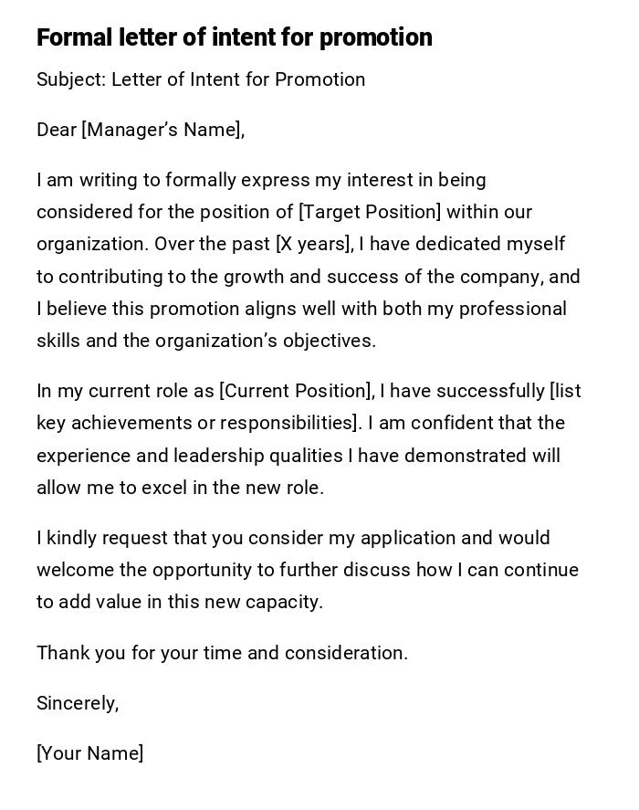 Formal letter of intent for promotion Formal letter of intent for promotion