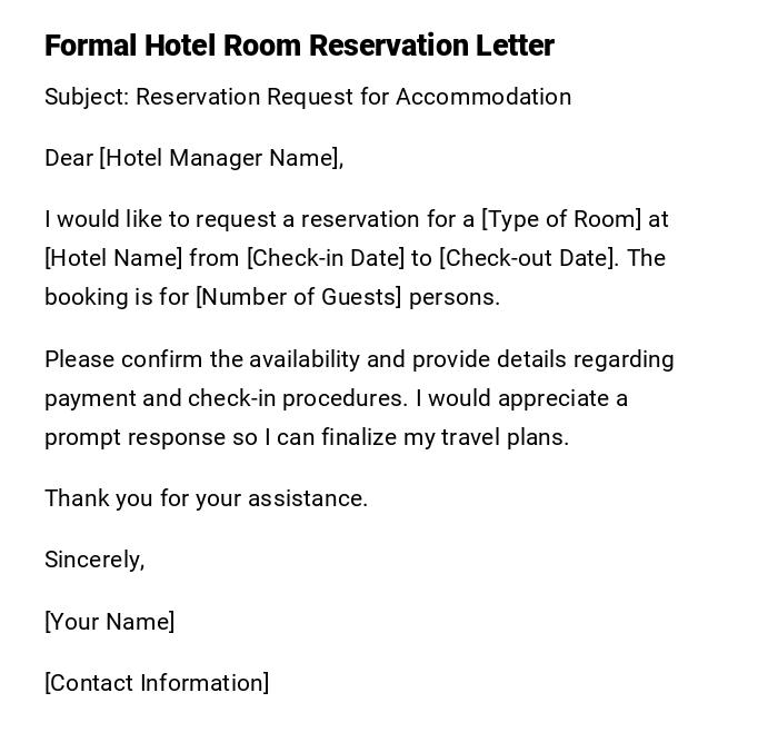 Formal Hotel Room Reservation Letter Formal Hotel Room Reservation Letter