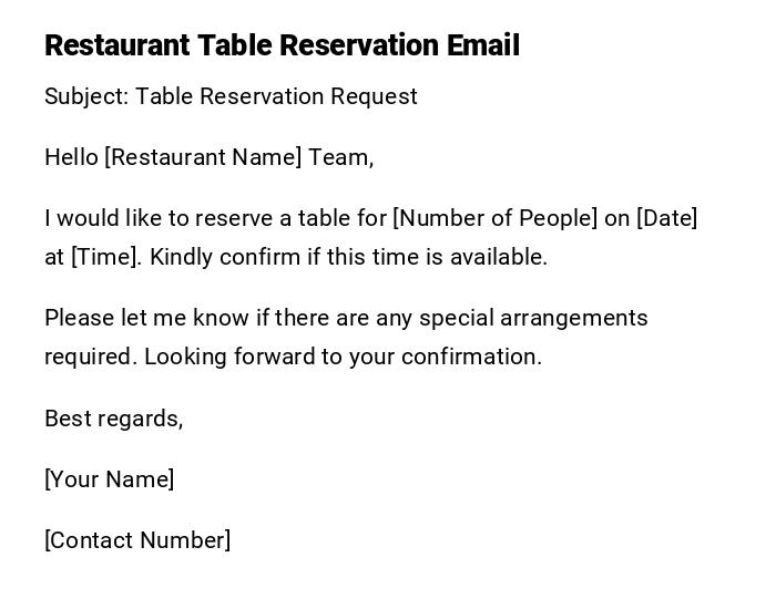 Restaurant Table Reservation Email Restaurant Table Reservation Email