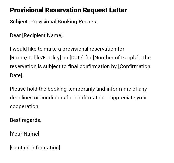 Provisional Reservation Request Letter Provisional Reservation Request Letter