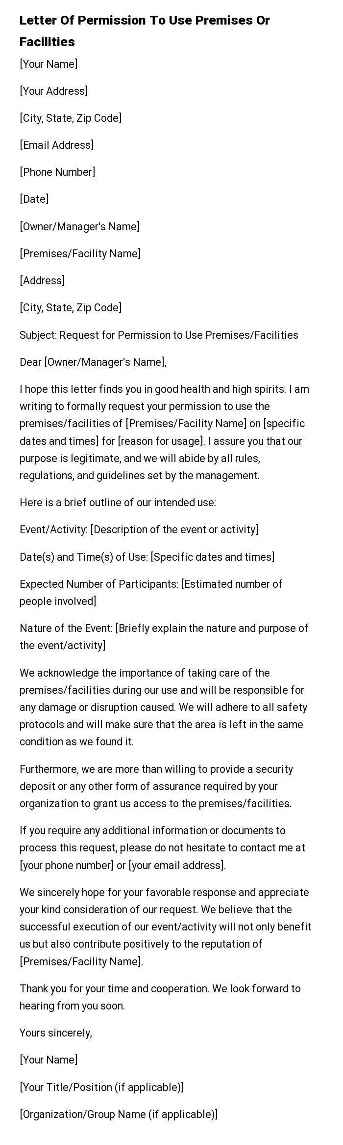 Letter Of Permission To Use Premises Or Facilities