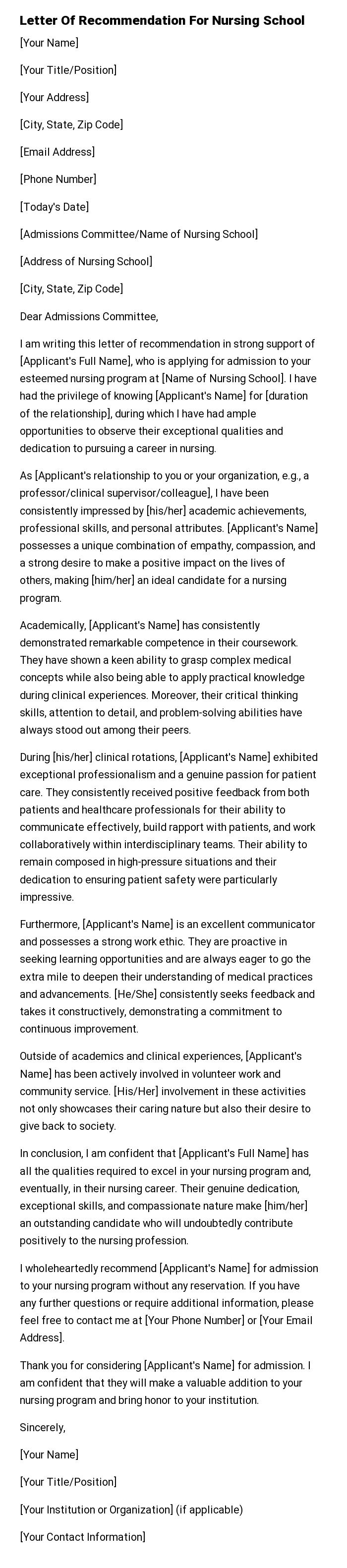Letter Of Recommendation For Nursing School