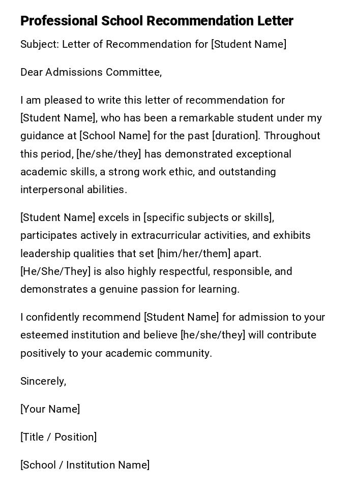 Professional School Recommendation Letter Professional School Recommendation Letter