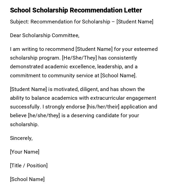 School Scholarship Recommendation Letter School Scholarship Recommendation Letter