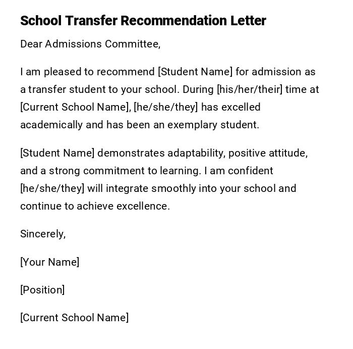 School Transfer Recommendation Letter School Transfer Recommendation Letter