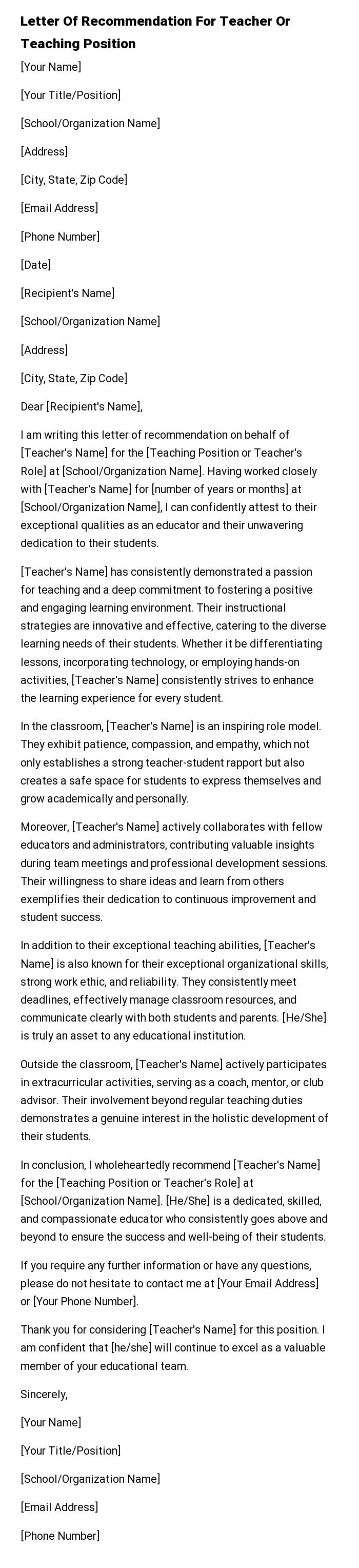 Letter Of Recommendation For Teacher Or Teaching Position