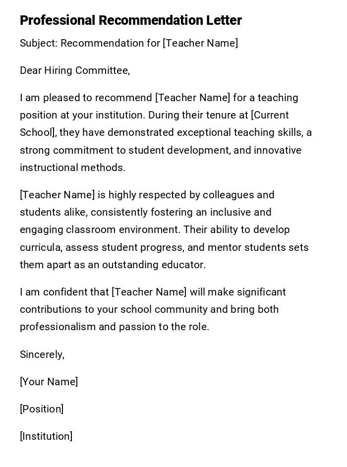 Professional Recommendation Letter Professional Recommendation Letter