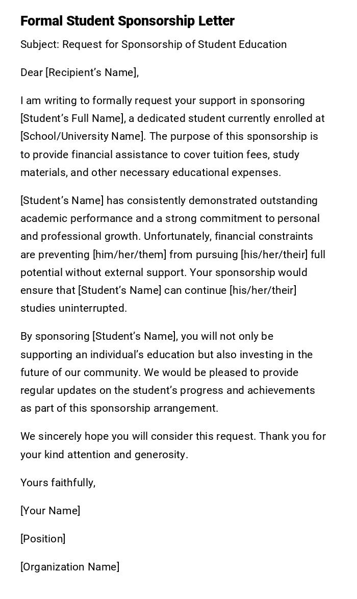 Formal Student Sponsorship Letter Formal Student Sponsorship Letter