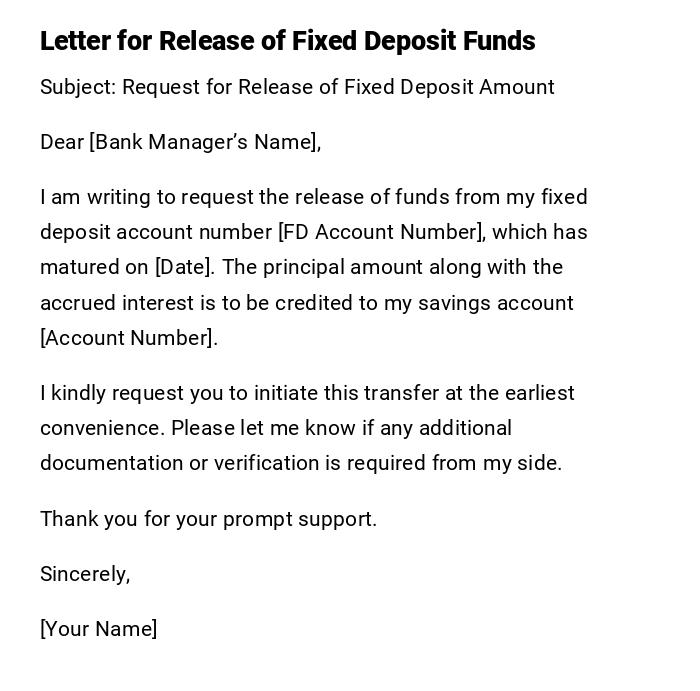 Letter for Release of Fixed Deposit Funds