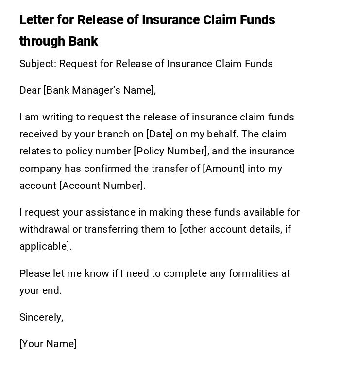 Letter for Release of Insurance Claim Funds through Bank