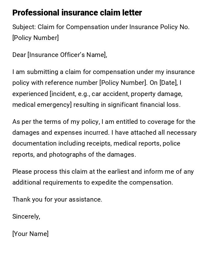 Professional insurance claim letter Professional insurance claim letter
