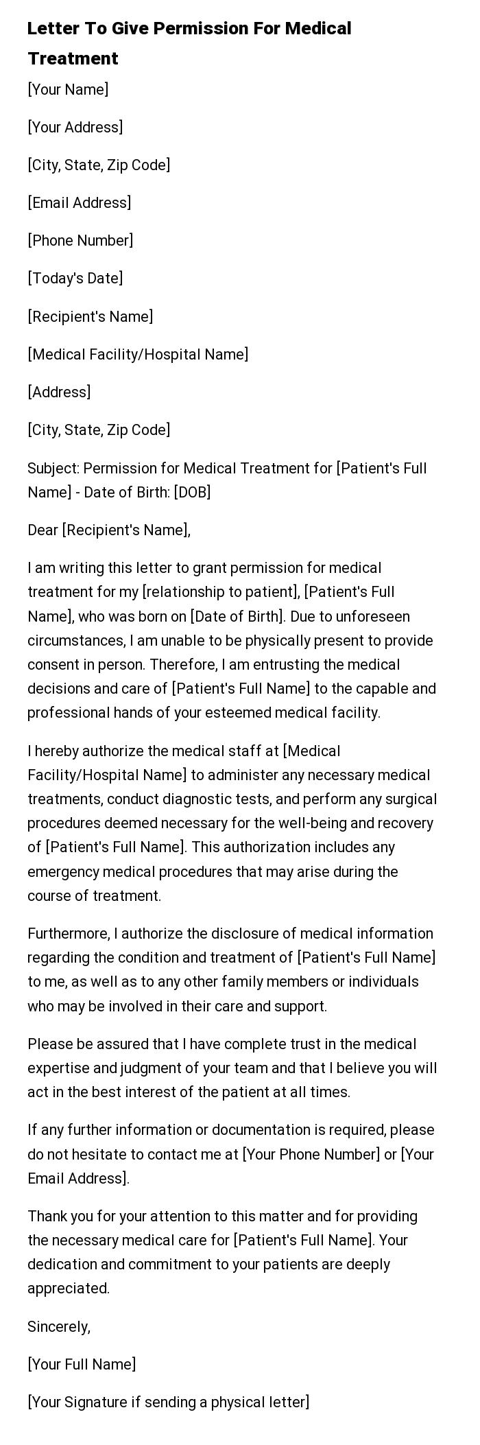 Letter To Give Permission For Medical Treatment