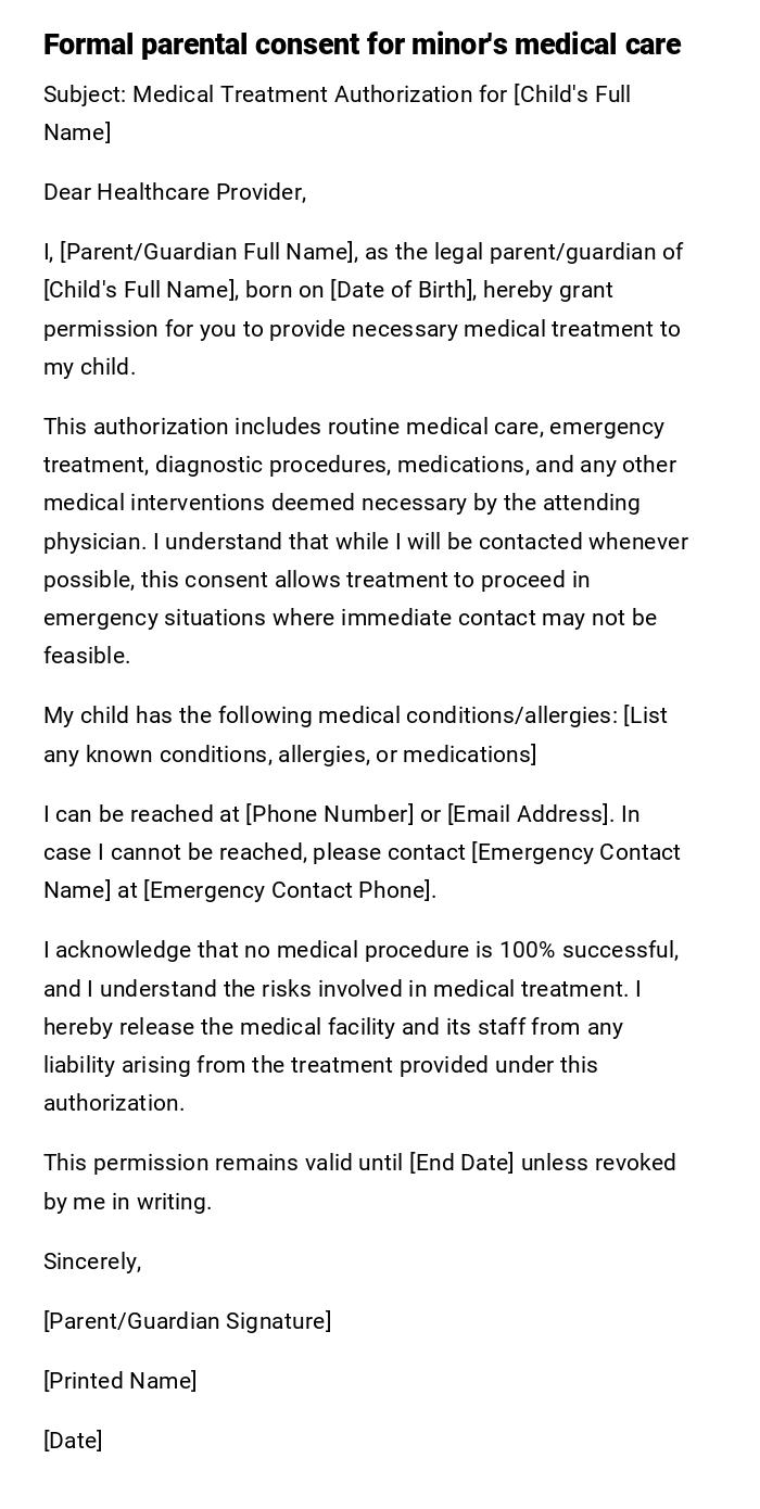 Formal parental consent for minor's medical care