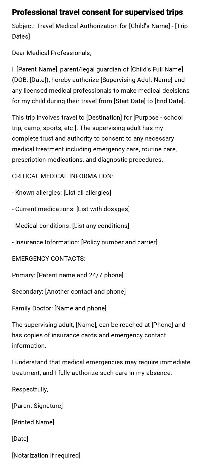 Professional travel consent for supervised trips