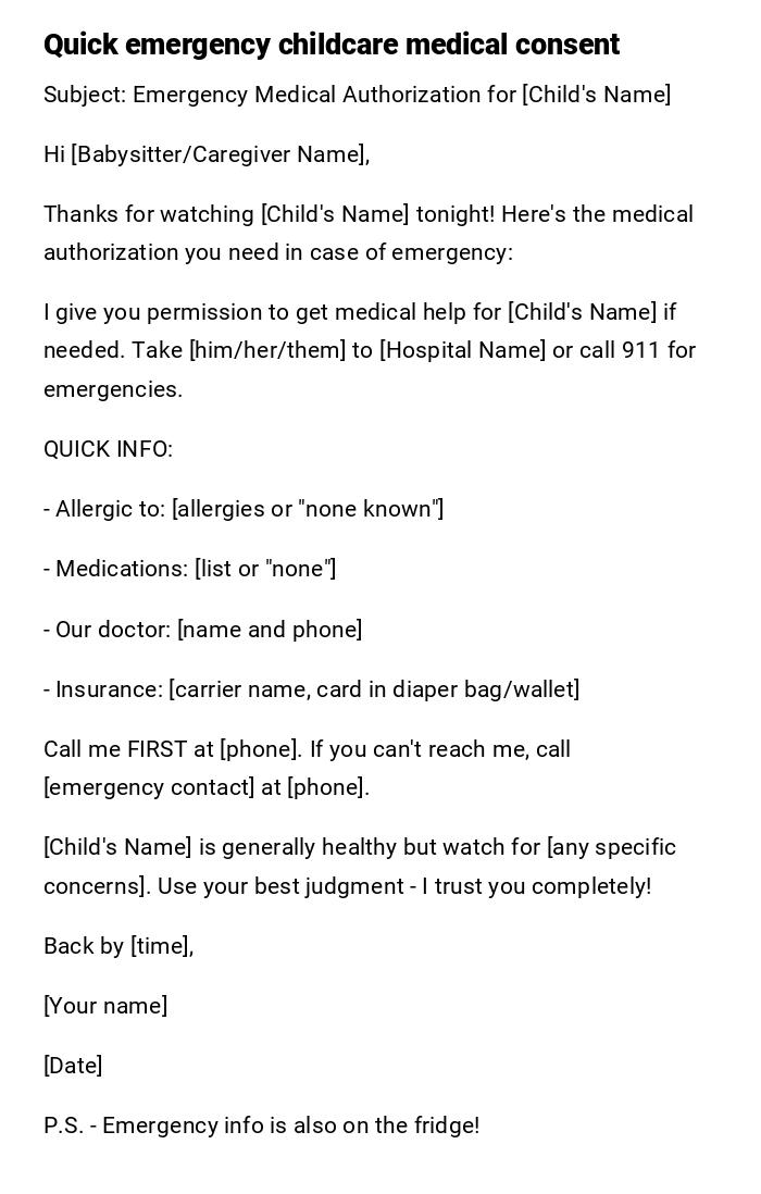 Quick emergency childcare medical consent