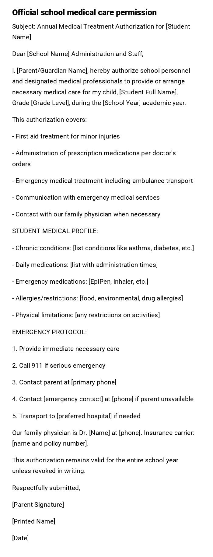 Official school medical care permission