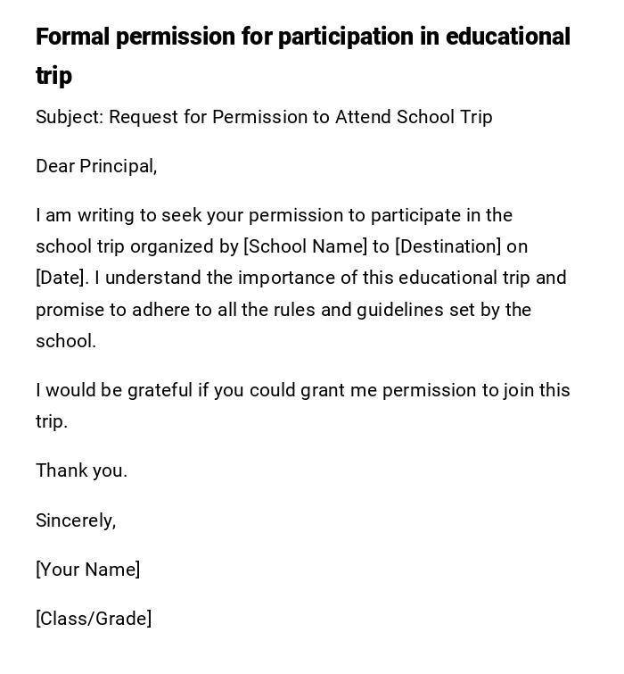 Formal permission for participation in educational trip