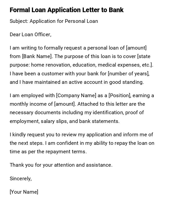 Formal Loan Application Letter to Bank Formal Loan Application Letter to Bank