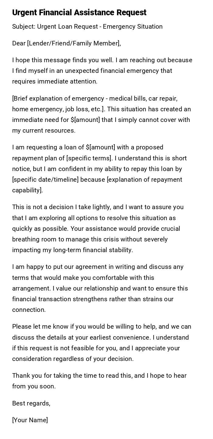 Urgent Financial Assistance Request Urgent Financial Assistance Request