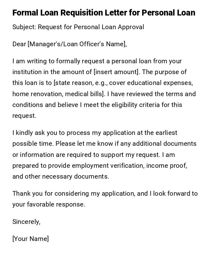 Formal Loan Requisition Letter for Personal Loan