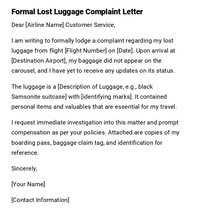 Formal Lost Luggage Complaint Letter Formal Lost Luggage Complaint Letter