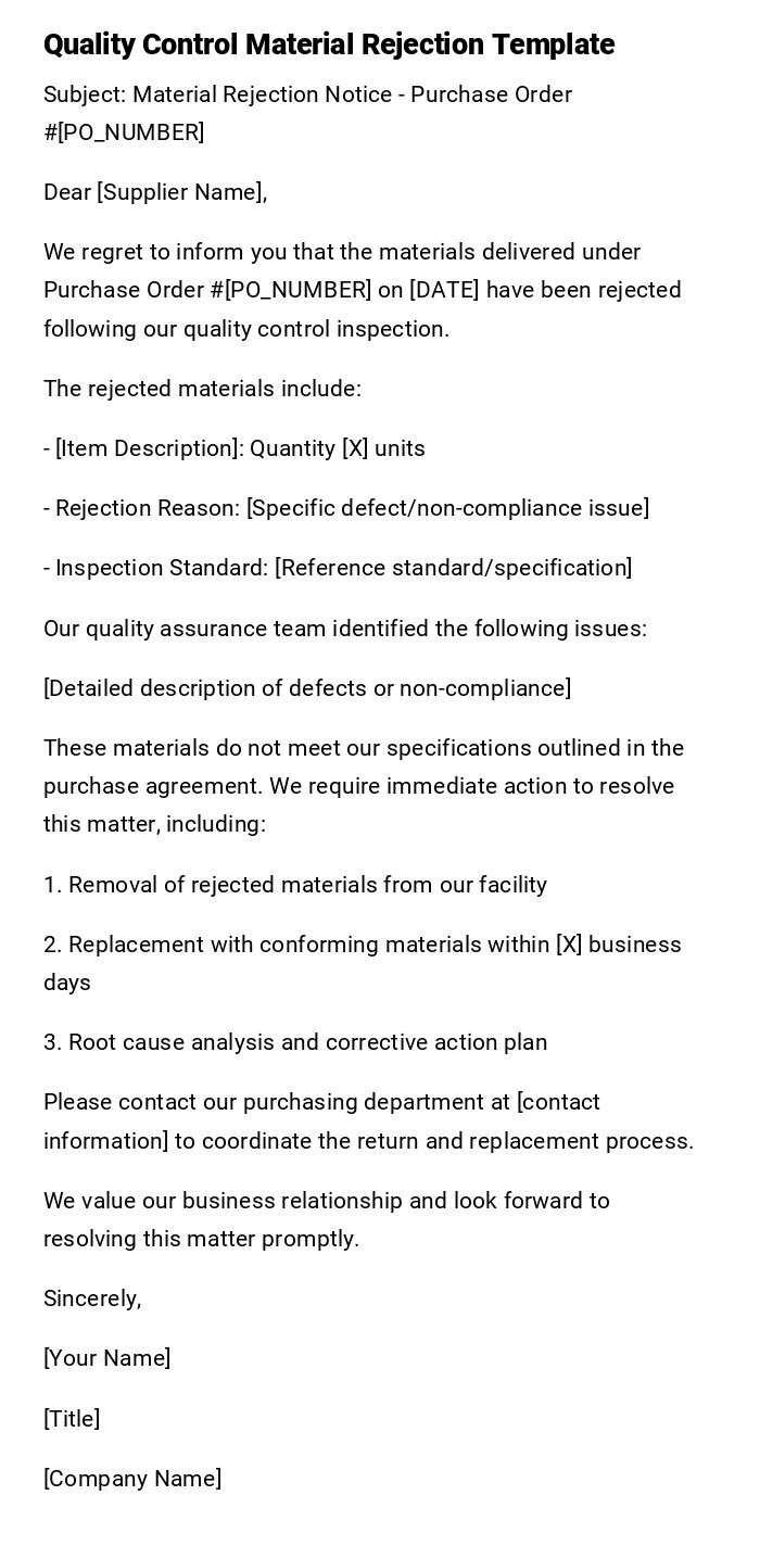 Quality Control Material Rejection Template Quality Control Material Rejection Template
