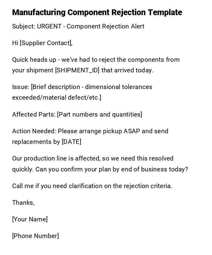 Manufacturing Component Rejection Template Manufacturing Component Rejection Template