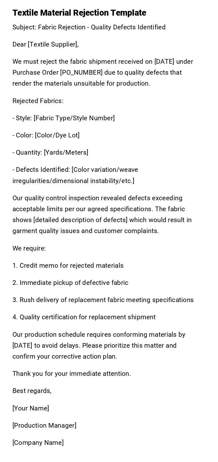 Textile Material Rejection Template Textile Material Rejection Template