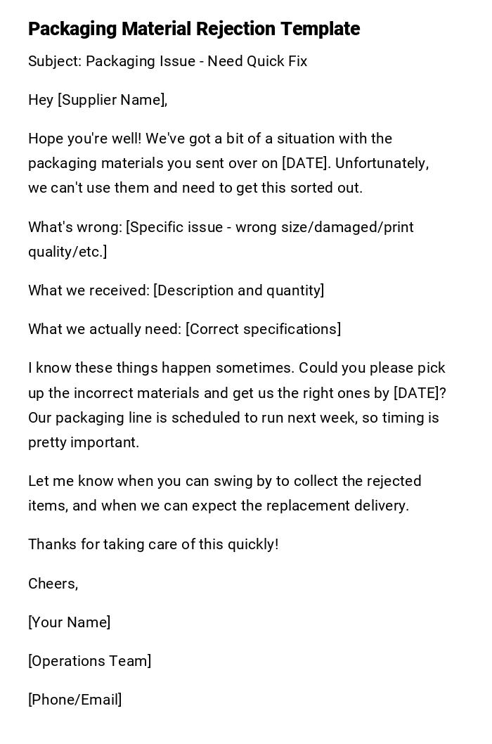 Packaging Material Rejection Template Packaging Material Rejection Template