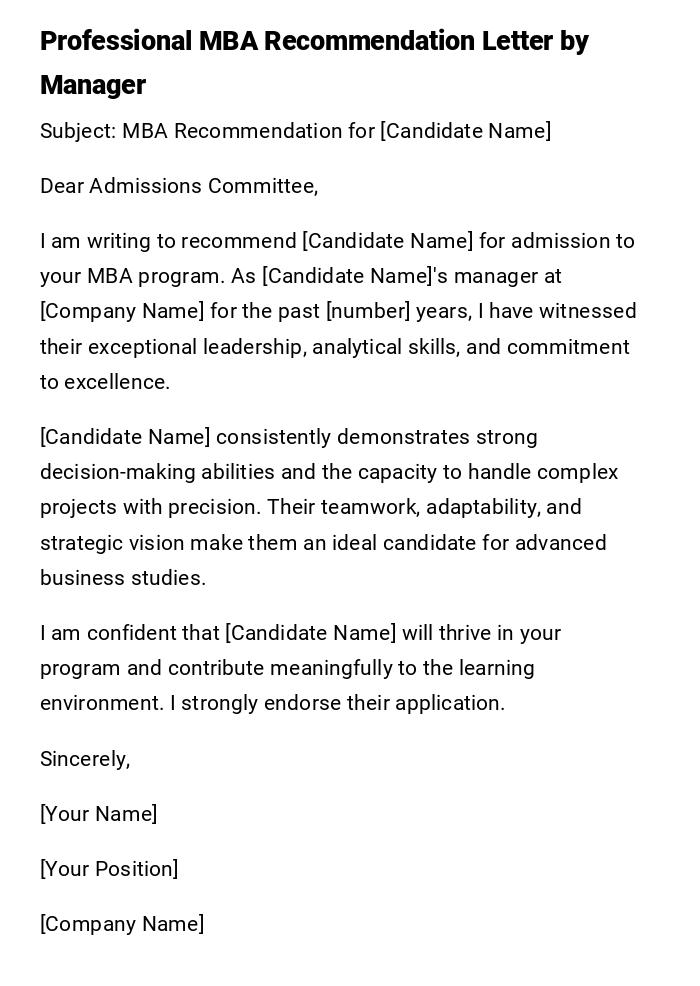 Professional MBA Recommendation Letter by Manager Professional MBA Recommendation Letter by Manager