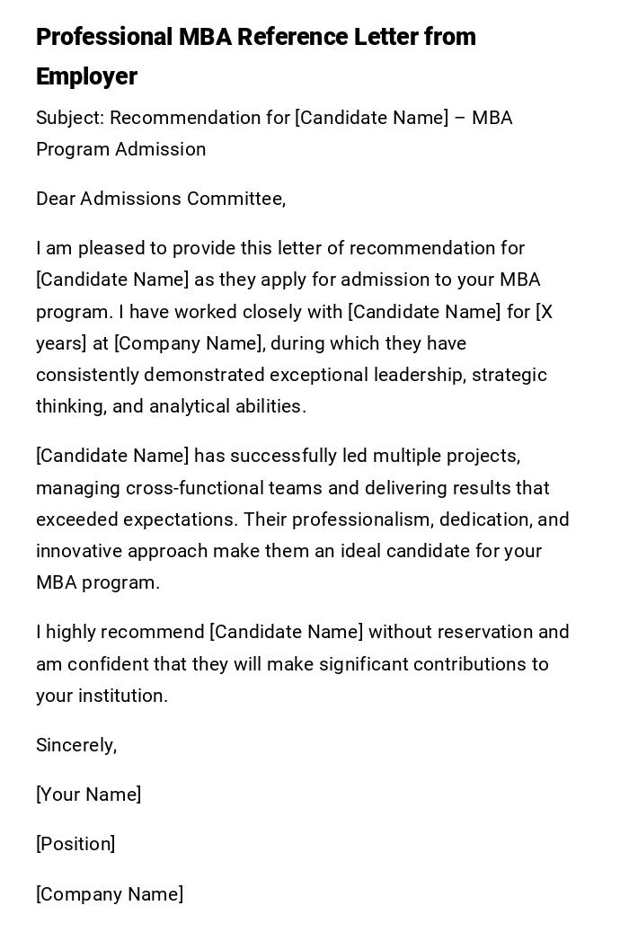 Professional MBA Reference Letter from Employer Professional MBA Reference Letter from Employer