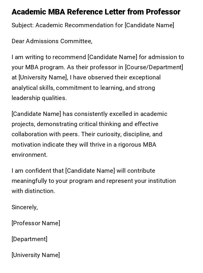 Academic MBA Reference Letter from Professor Academic MBA Reference Letter from Professor