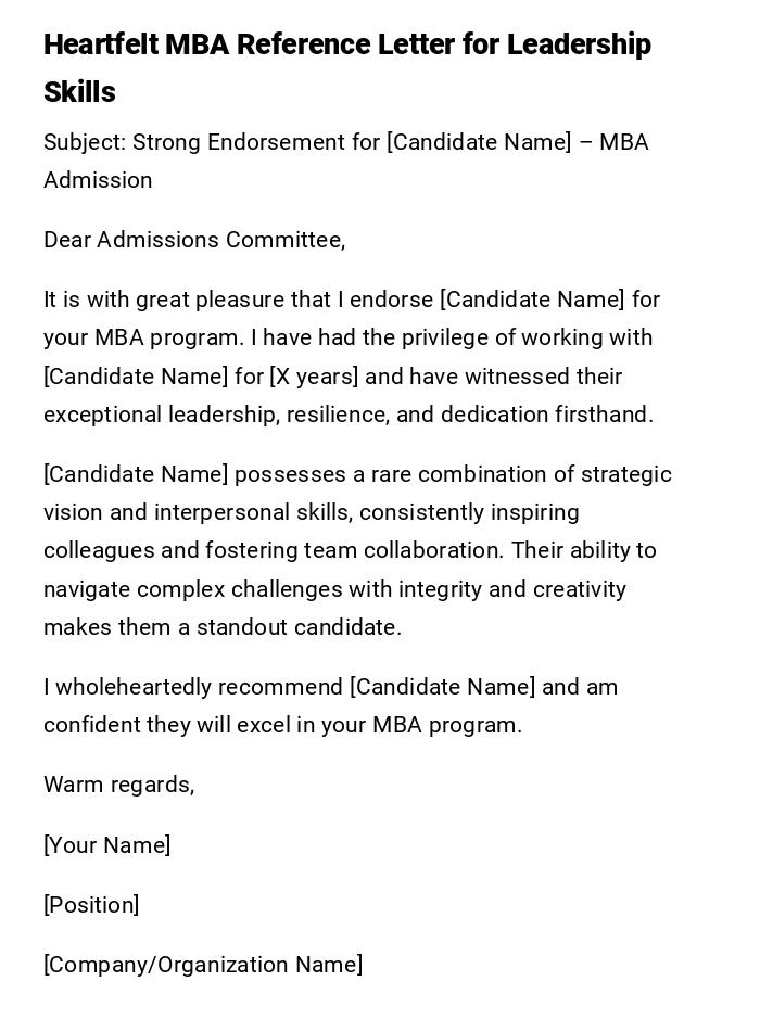 Heartfelt MBA Reference Letter for Leadership Skills Heartfelt MBA Reference Letter for Leadership Skills