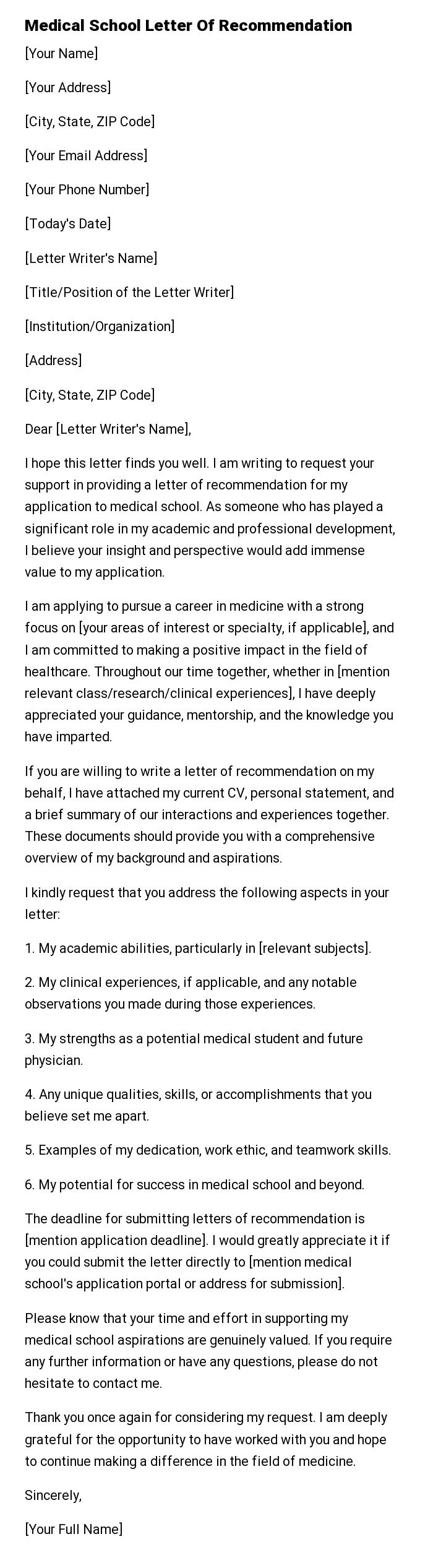 Medical School Letter Of Recommendation