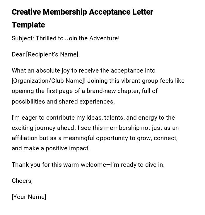 Creative Membership Acceptance Letter Template Creative Membership Acceptance Letter Template