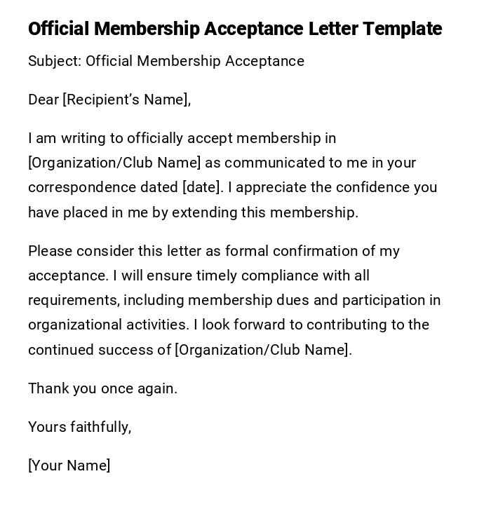 Official Membership Acceptance Letter Template Official Membership Acceptance Letter Template